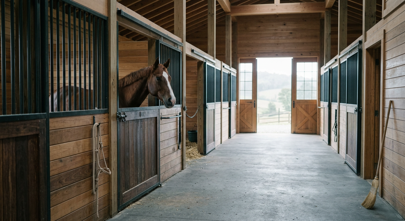 A horse looking out over a stable door in a wooden barn aisle